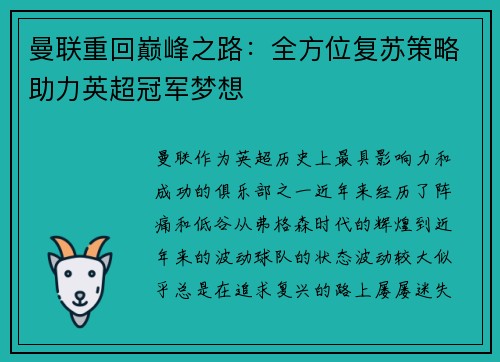 曼联重回巅峰之路：全方位复苏策略助力英超冠军梦想